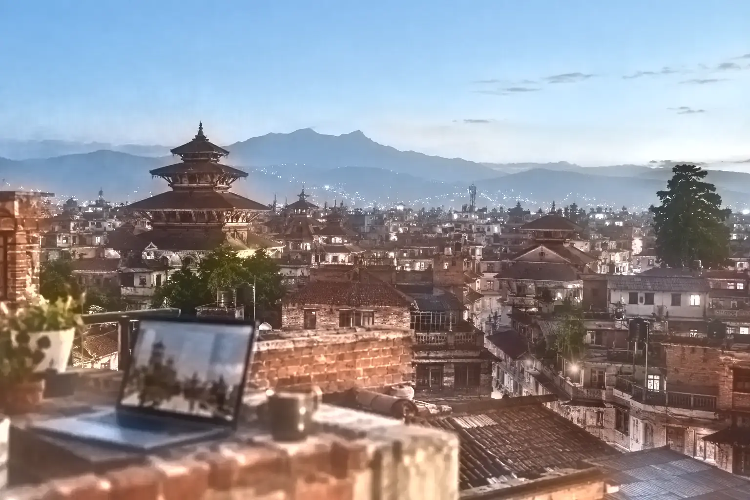 Patan rooftops and temples at dusk