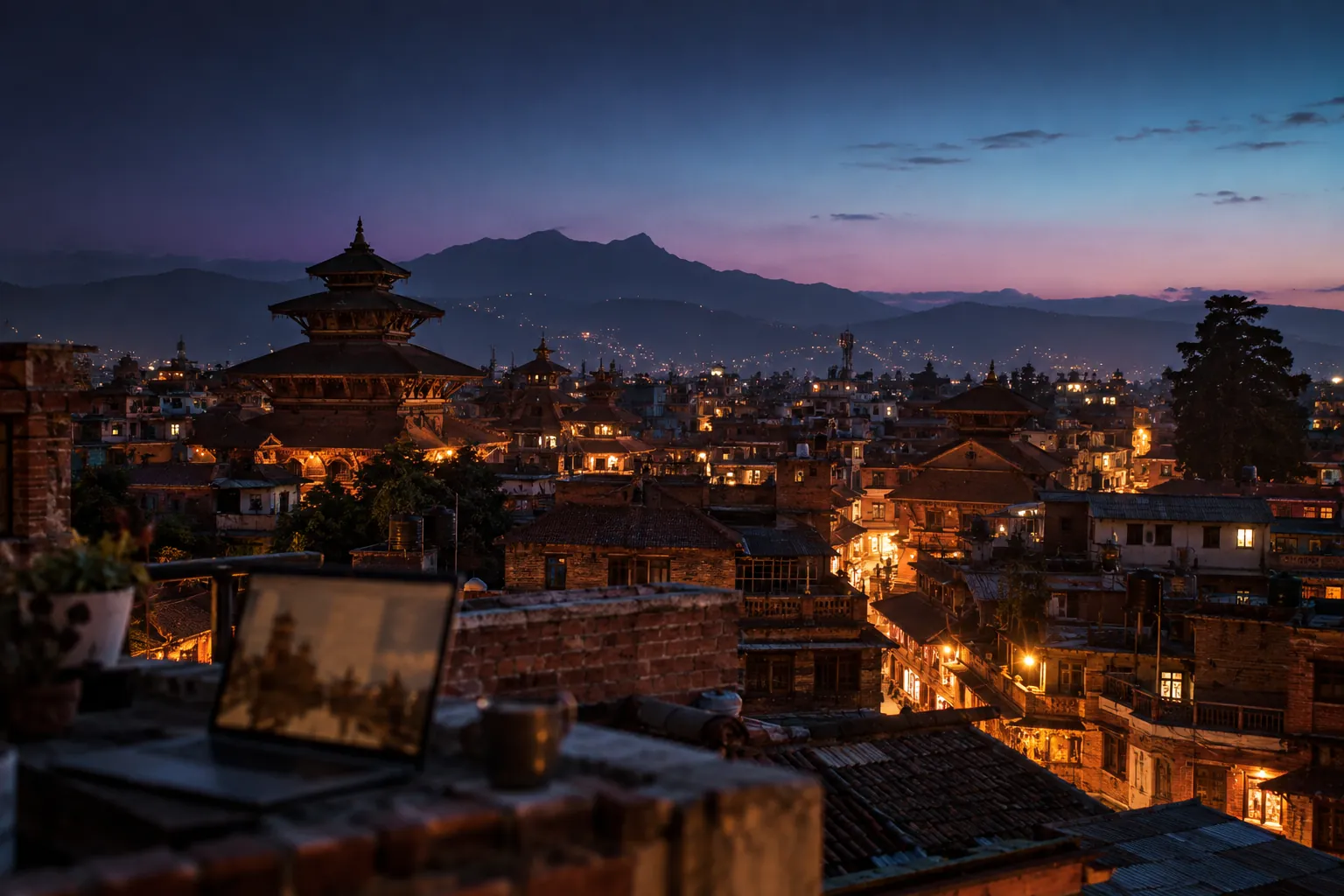 Patan rooftops and temples at dusk