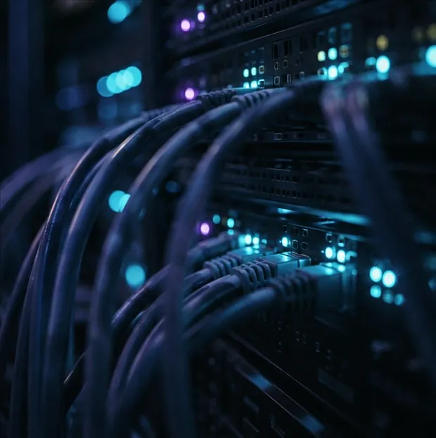 Network cables and status lights in a server rack
