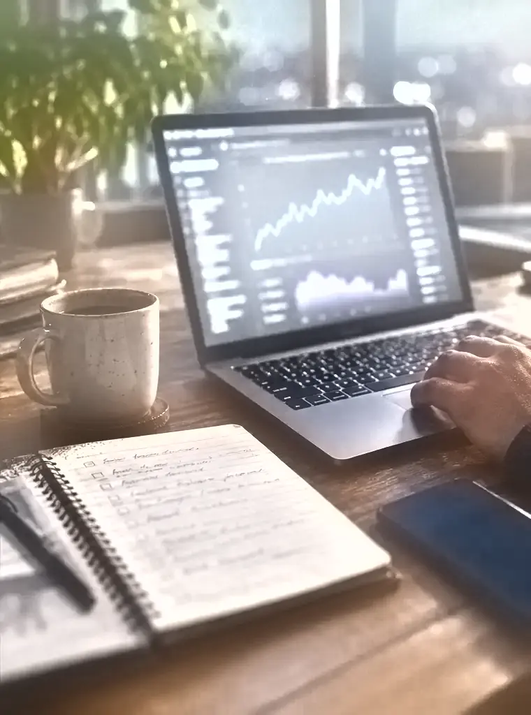 A laptop showing graphs next to a notebook with a checklist