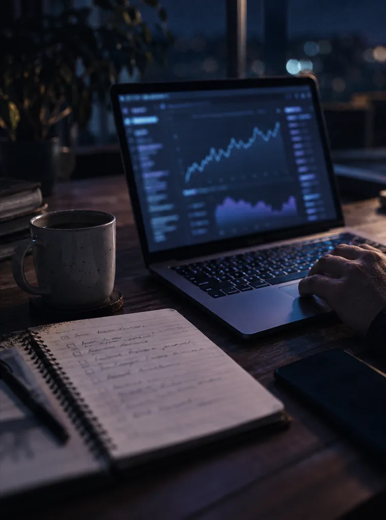A laptop showing graphs next to a notebook with a checklist