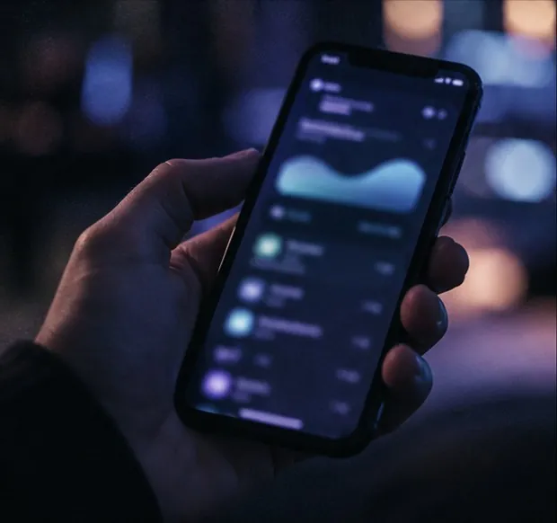 A hand holding a phone showing an app interface