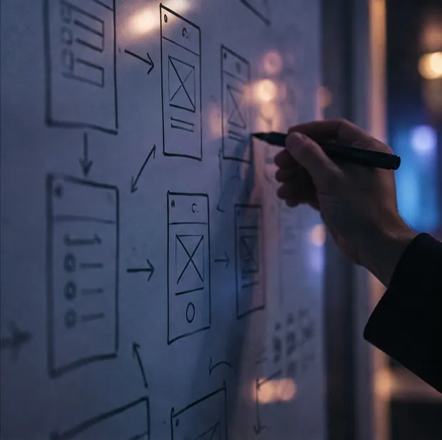 A hand sketching app wireframes on a whiteboard