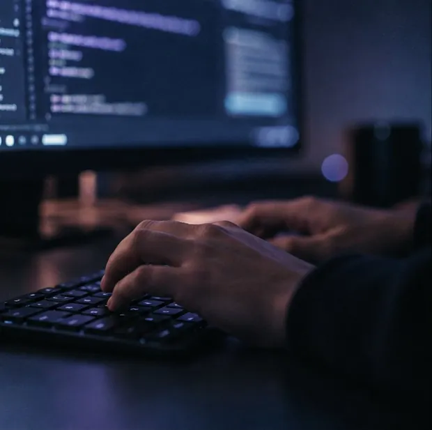 Hands typing on a keyboard lit by a monitor