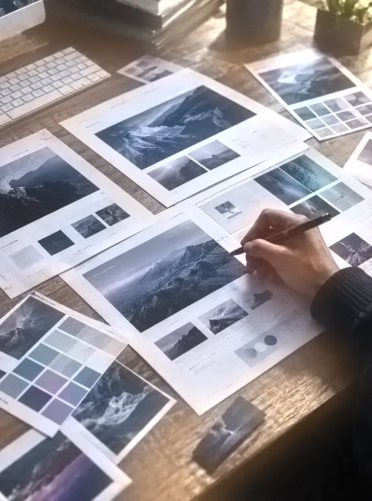 Printed website layouts and colour swatches on a designer's desk
