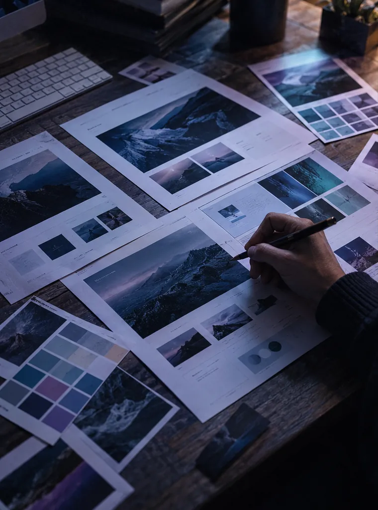 Printed website layouts and colour swatches on a designer's desk